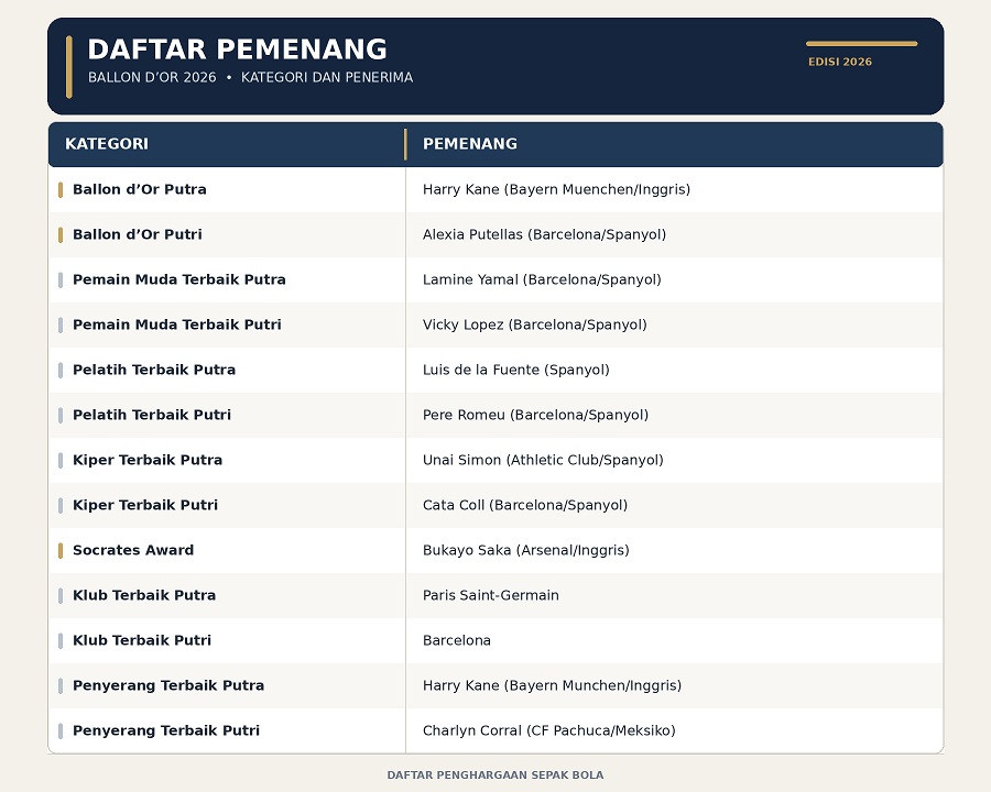 Ballon d’Or 2026 Harry Kane Juara, Ini Daftar 13 Pemenang 1